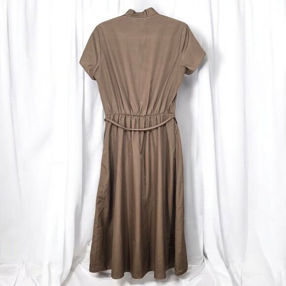 Vintage Style Taupe Button Front Midi Dress with Tie Waist Casual Office Wear - Picture 2 of 2